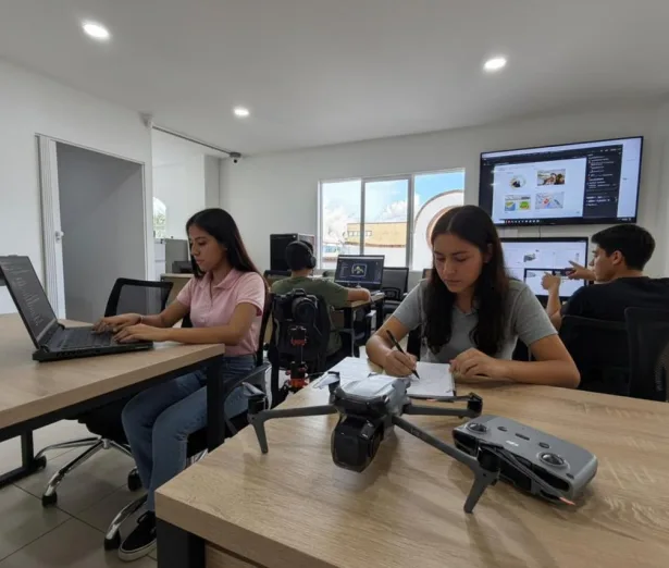 Jóvenes trabajando con computadores y un dron en el Laboratorio de Innovación de El Peñol